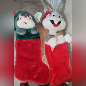 Lot of 2 3D VINTAGE HOLIDAY STOCKINGS, DANDEE CHRISTMAS MOUSE & BUGS BUNNY